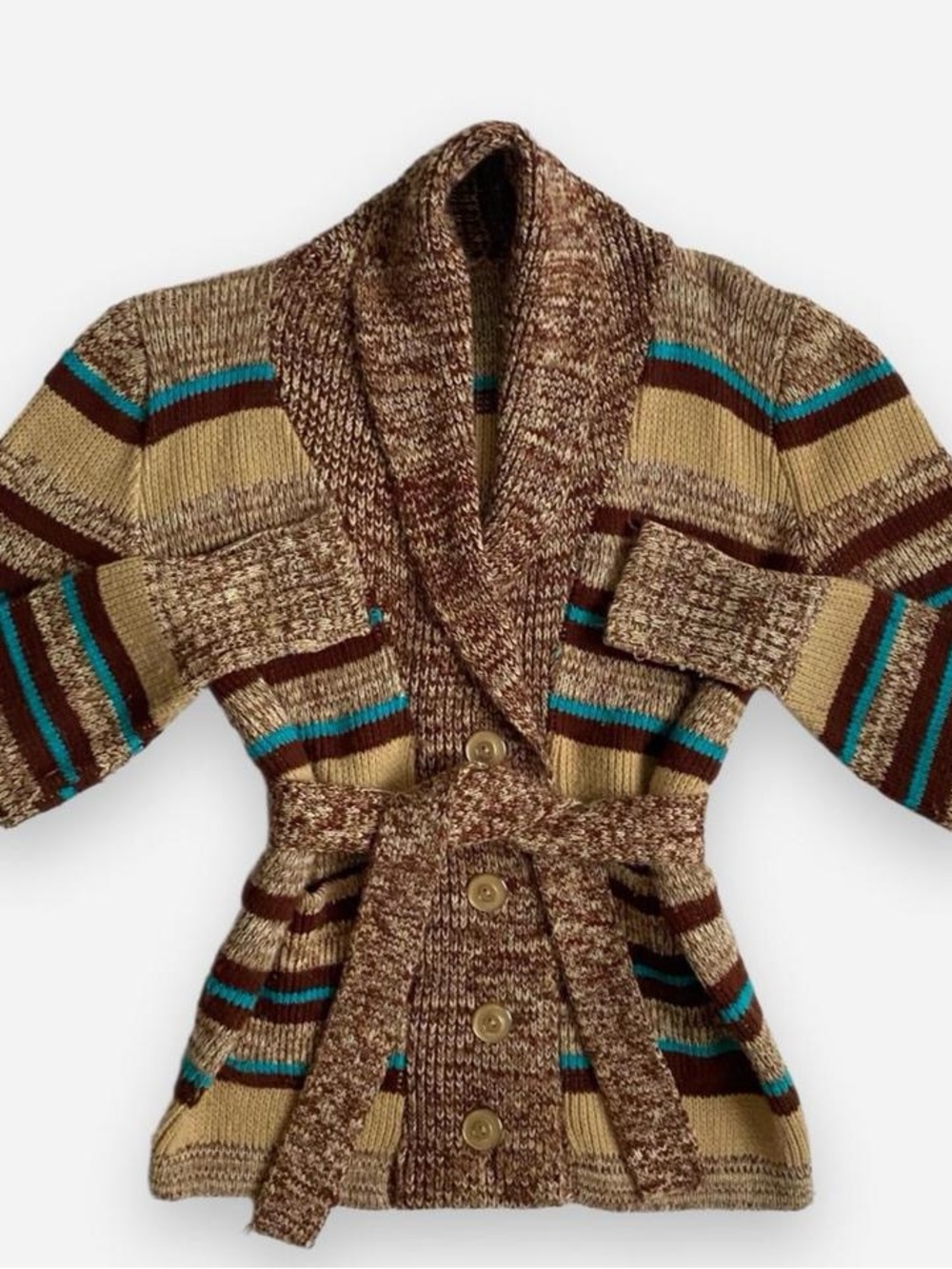 Vintage 70s brown striped cardigan w/tie belt